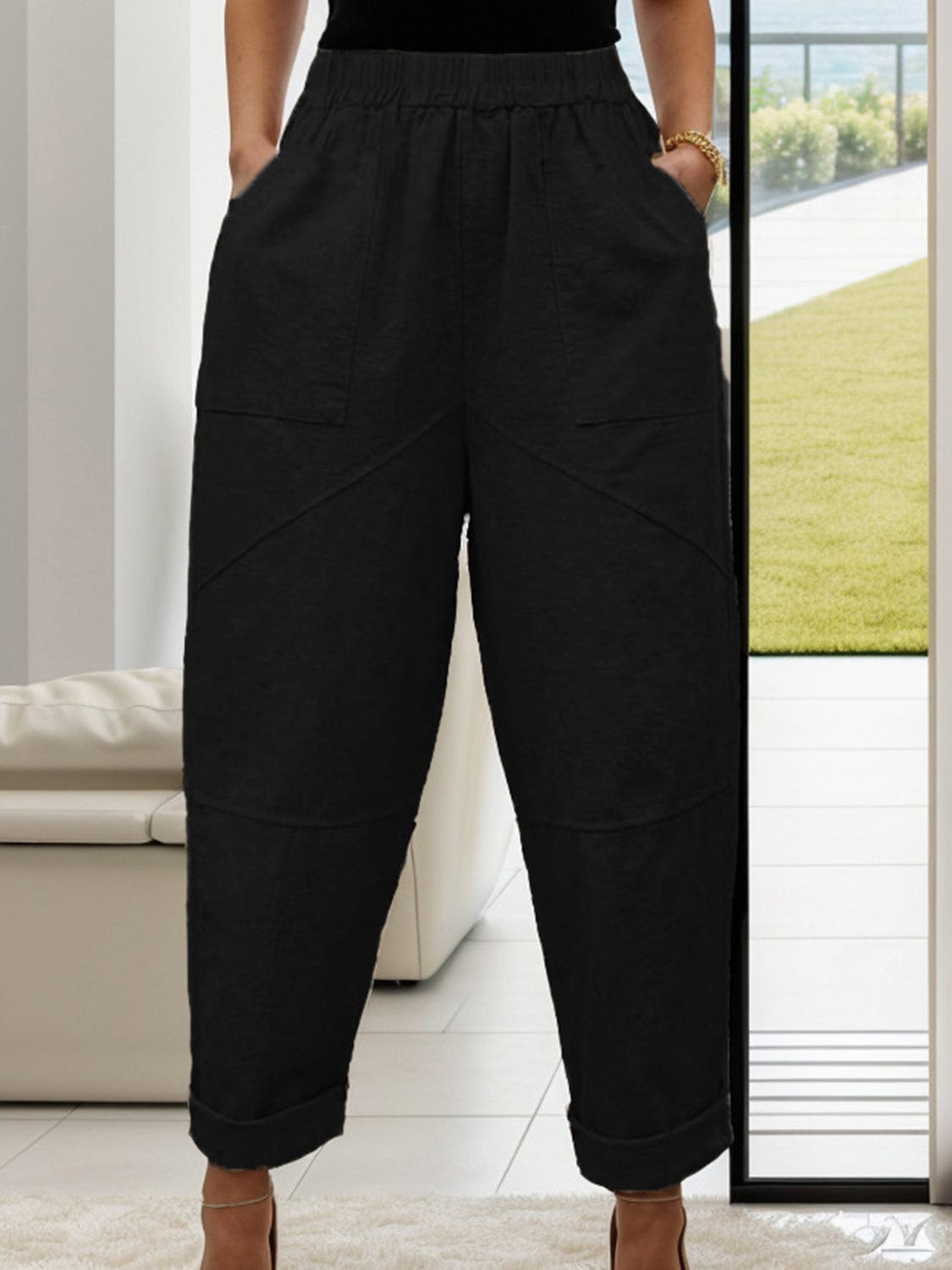 Elastic Waist Pants with Pockets - Trendsi