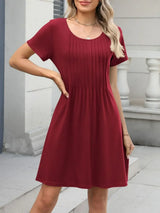 Pleated Front Round Neck Swing Dress - Trendsi - Flyclothing LLC