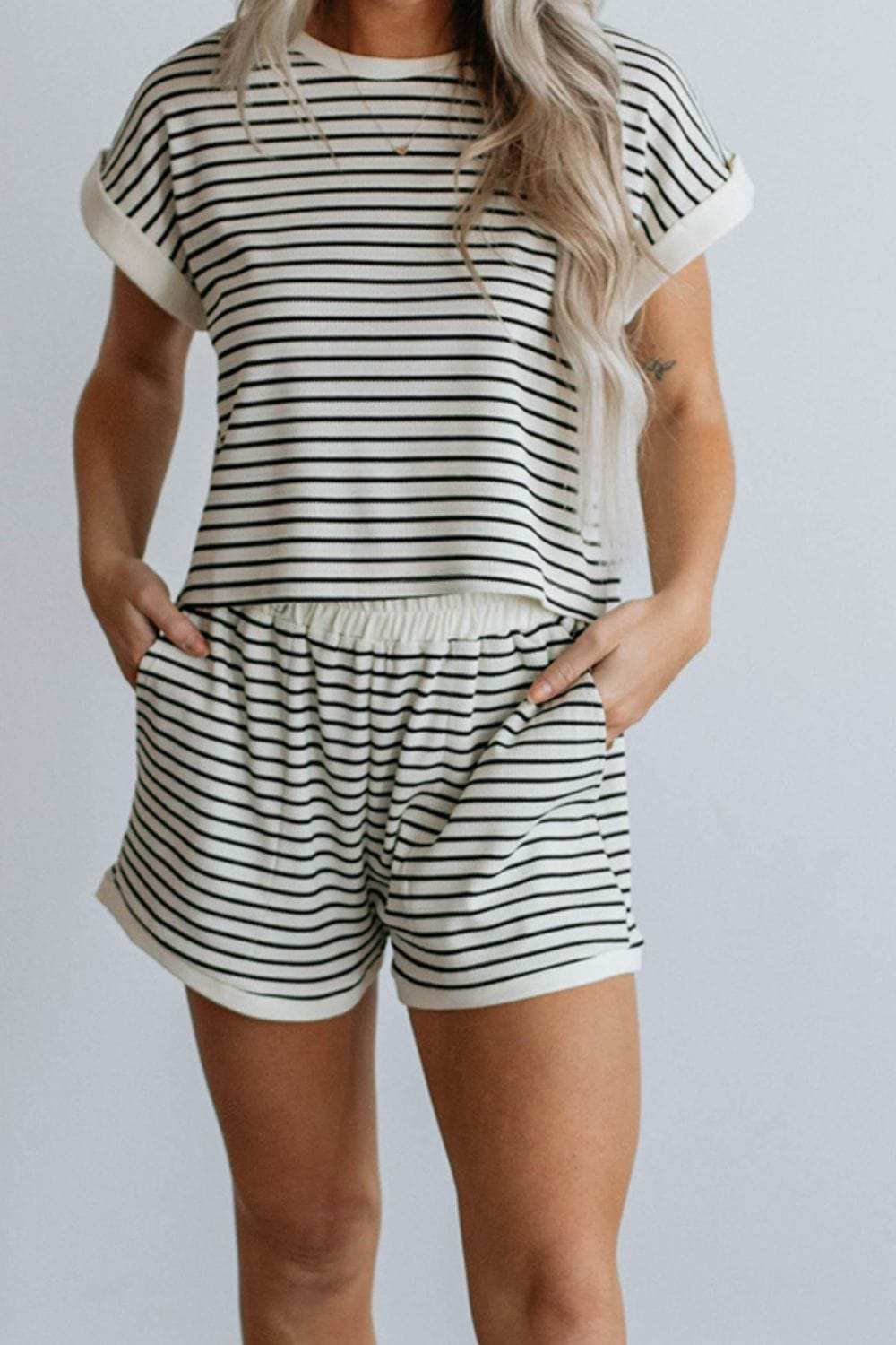 Striped Contrast Top and Shorts Set - Trendsi - Flyclothing LLC