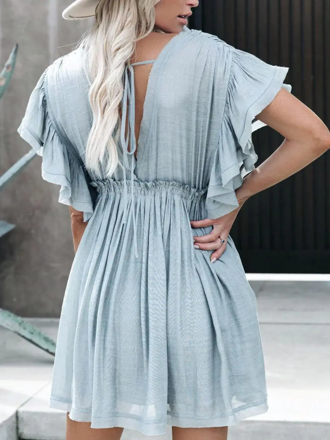 Drawstring Ruffled Half Sleeve Mini Dress - Trendsi - Flyclothing LLC