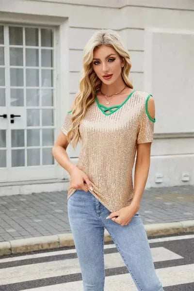 Sequin Crisscross V-Neck Cold Shoulder Blouse - Trendsi - Flyclothing LLC