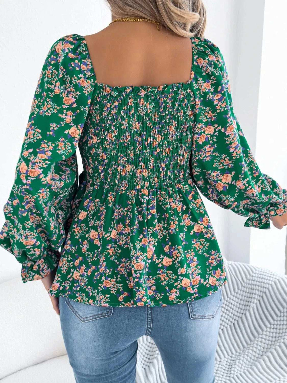 Floral Square Neck Flounce Sleeve Blouse - Trendsi - Flyclothing LLC