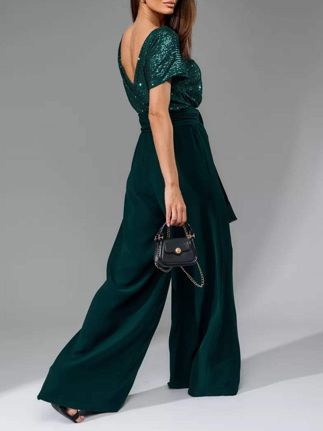 Full Size Sequin Round Neck Short Sleeve Wide Leg Jumpsuit - Trendsi - Flyclothing LLC