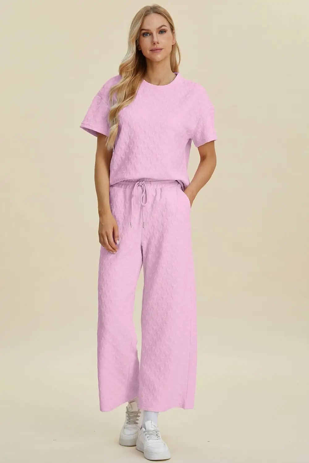 Double Take Full Size Texture Round Neck Short Sleeve Top and Pants Set - Trendsi