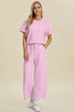 Double Take Full Size Texture Round Neck Short Sleeve Top and Pants Set - Trendsi