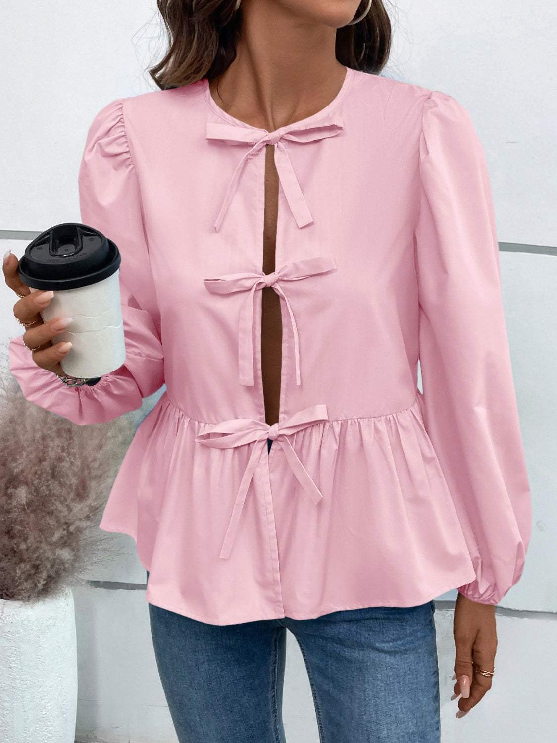 Ivy Lane Peplum Tied Long Sleeve Blouse - Trendsi - Flyclothing LLC