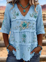 Full Size Floral Raw Hem V-Neck Blouse Plus Size - Trendsi - Flyclothing LLC