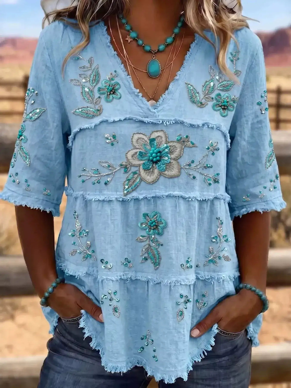 Full Size Floral Raw Hem V-Neck Blouse Plus Size - Trendsi - Flyclothing LLC
