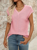 V-Neck Short Sleeve Knit Top - Trendsi - Flyclothing LLC