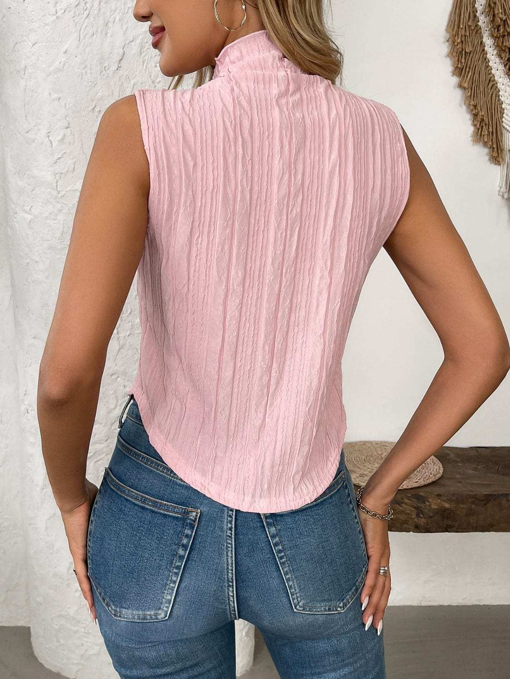 Texture Turtleneck Sleeveless Top - Trendsi - Flyclothing LLC