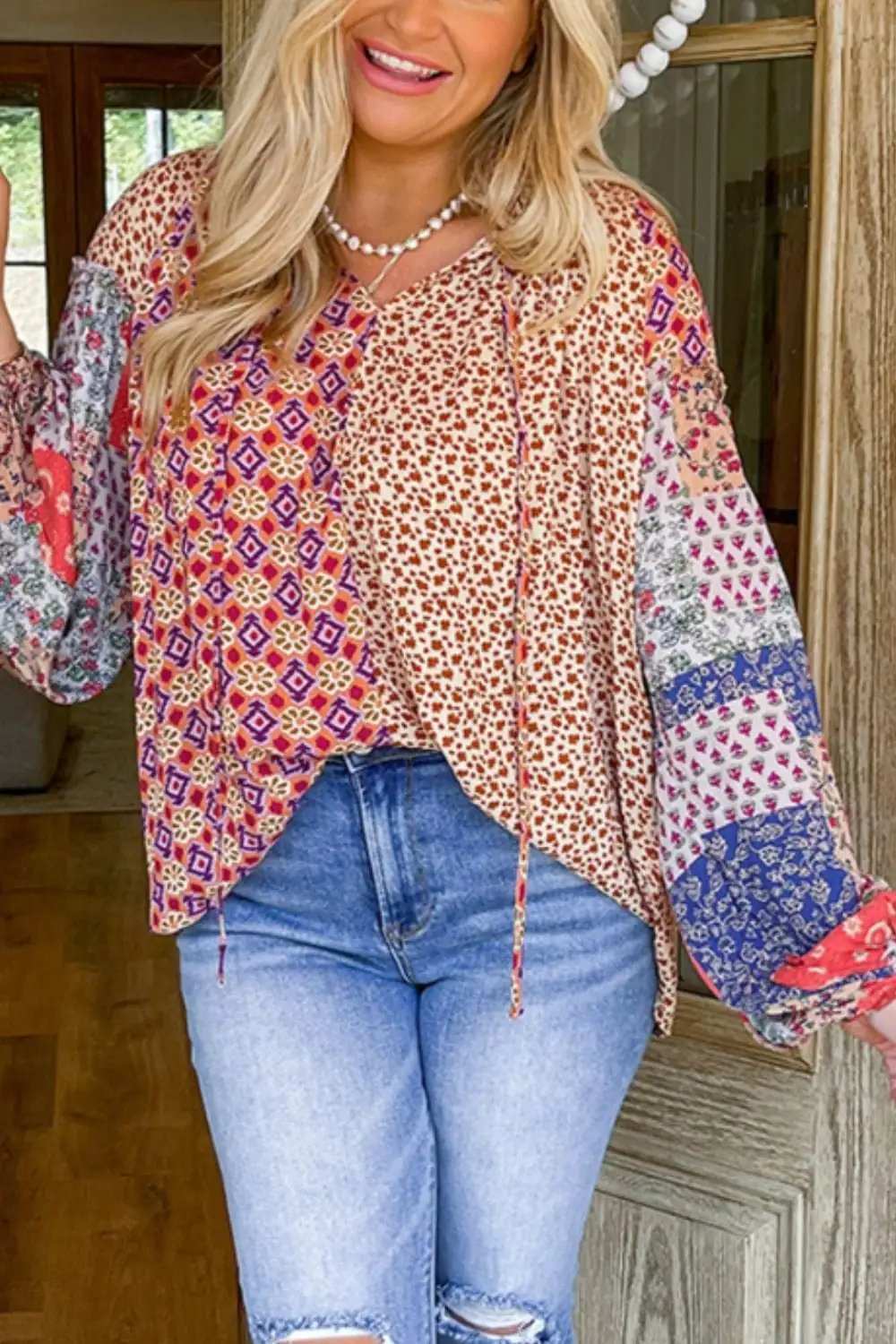 Printed Tie Neck Long Sleeve Blouse - Trendsi - Flyclothing LLC