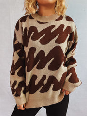 Contrast Round Neck Long Sleeve Sweater - Trendsi