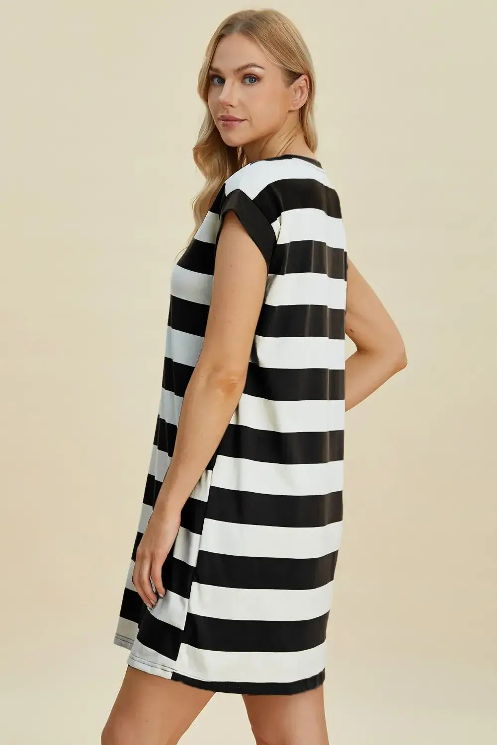 Basic Bae Full Size Striped Round Neck Cap Sleeve Mini Dress - Trendsi - Flyclothing LLC