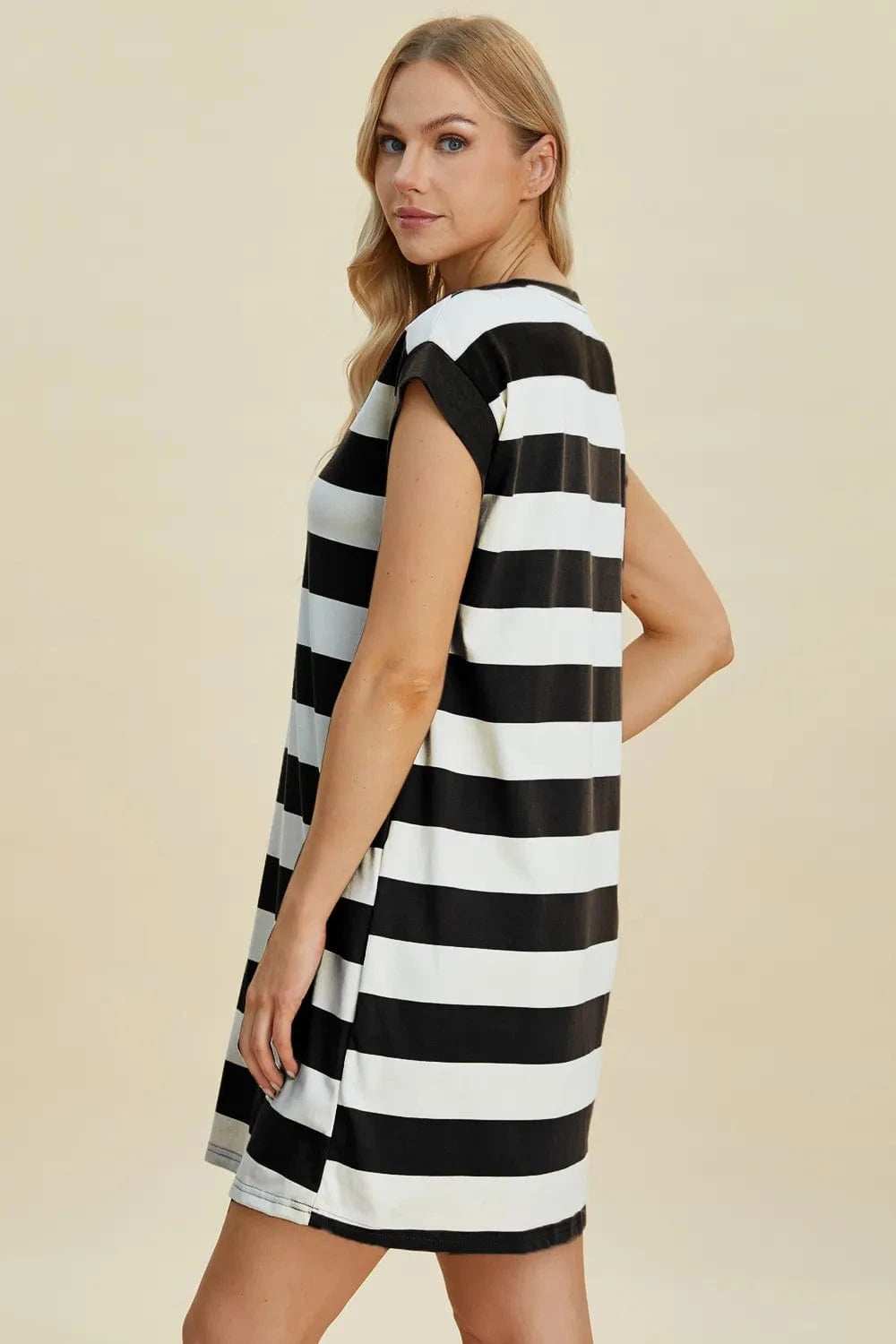 Basic Bae Full Size Striped Round Neck Cap Sleeve Mini Dress - Trendsi - Flyclothing LLC