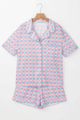 Plaid Collared Neck Short Sleeve Top and Shorts Lounge Set - Trendsi - Flyclothing LLC