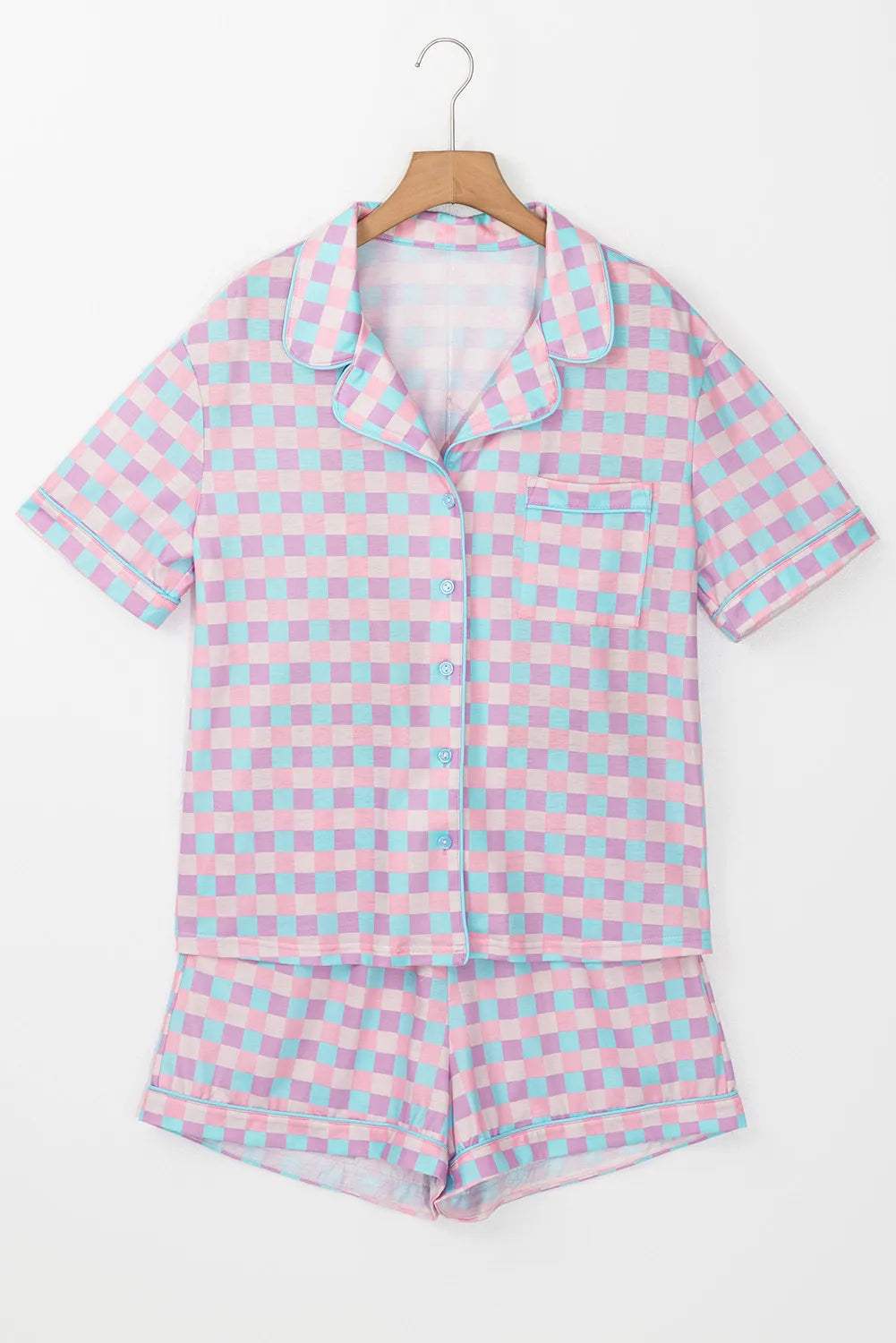 Plaid Collared Neck Short Sleeve Top and Shorts Lounge Set - Trendsi - Flyclothing LLC
