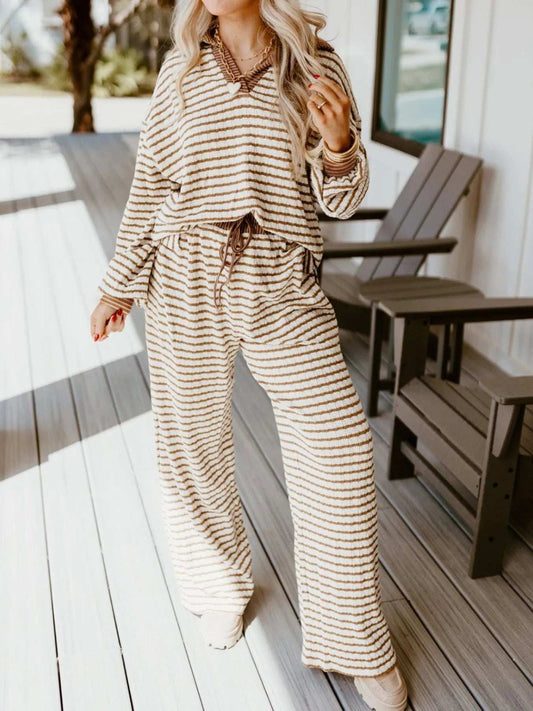 Stripe Collared Top and Drawstring Pant Set - Trendsi - Flyclothing LLC