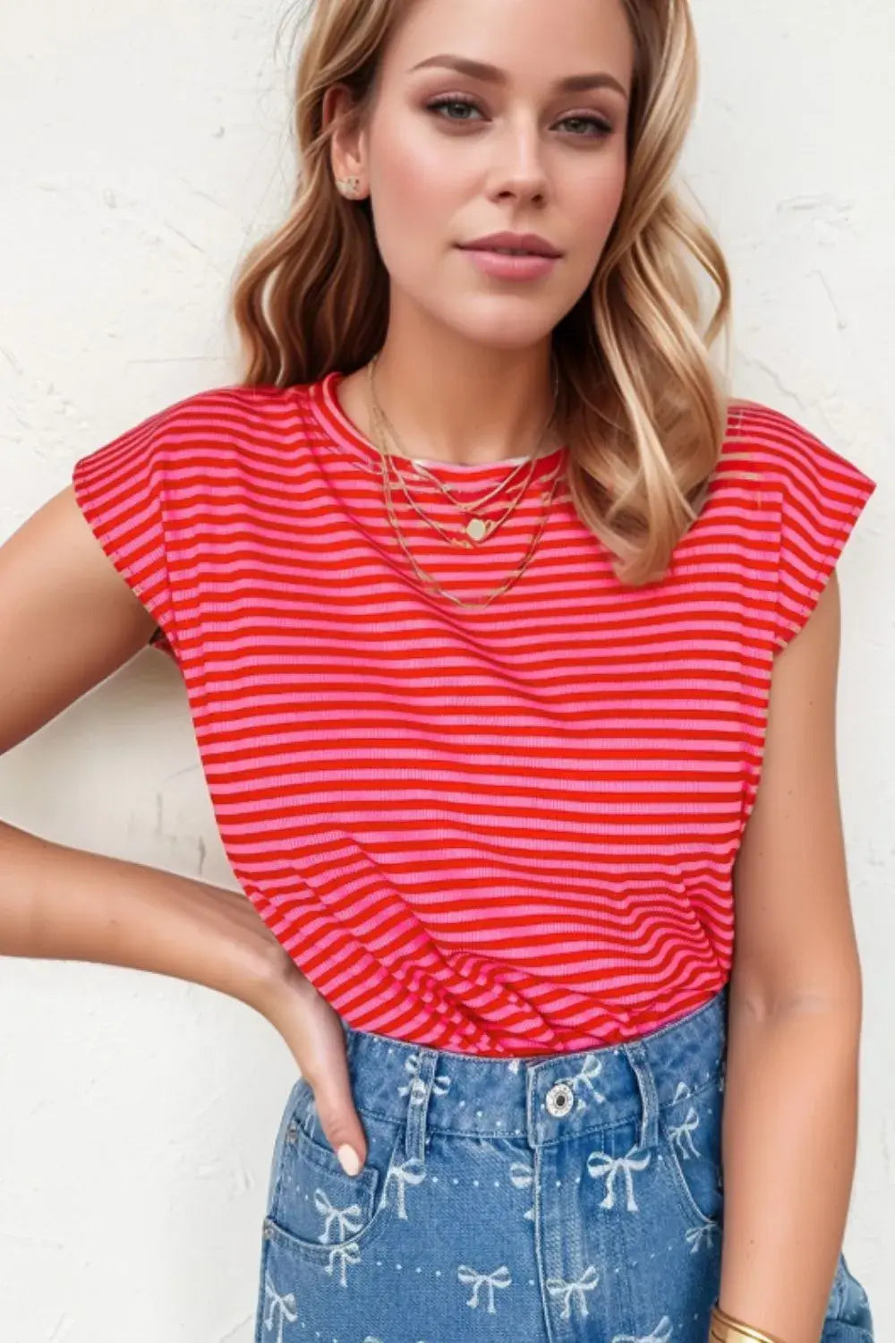 Stripe Ribbed Cap Sleeve Round Neck T Shirt - Trendsi - Flyclothing LLC