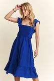 ADORA Smocked Square Neck Ruffled Cap Sleeve Dress - Trendsi