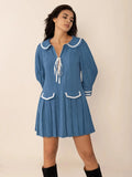 Tie Front Pleated Three-Quarter Sleeve Mini Dress - Trendsi
