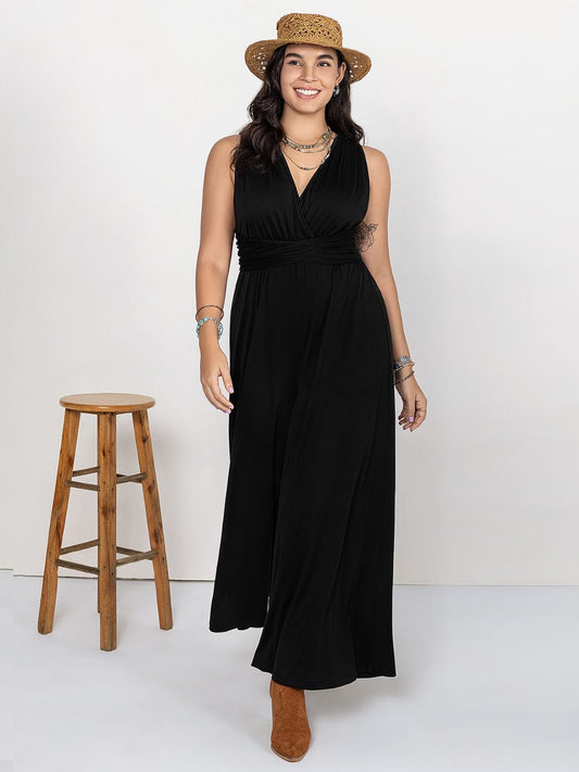 Plus Size V-Neck Wide Leg Jumpsuit - Trendsi
