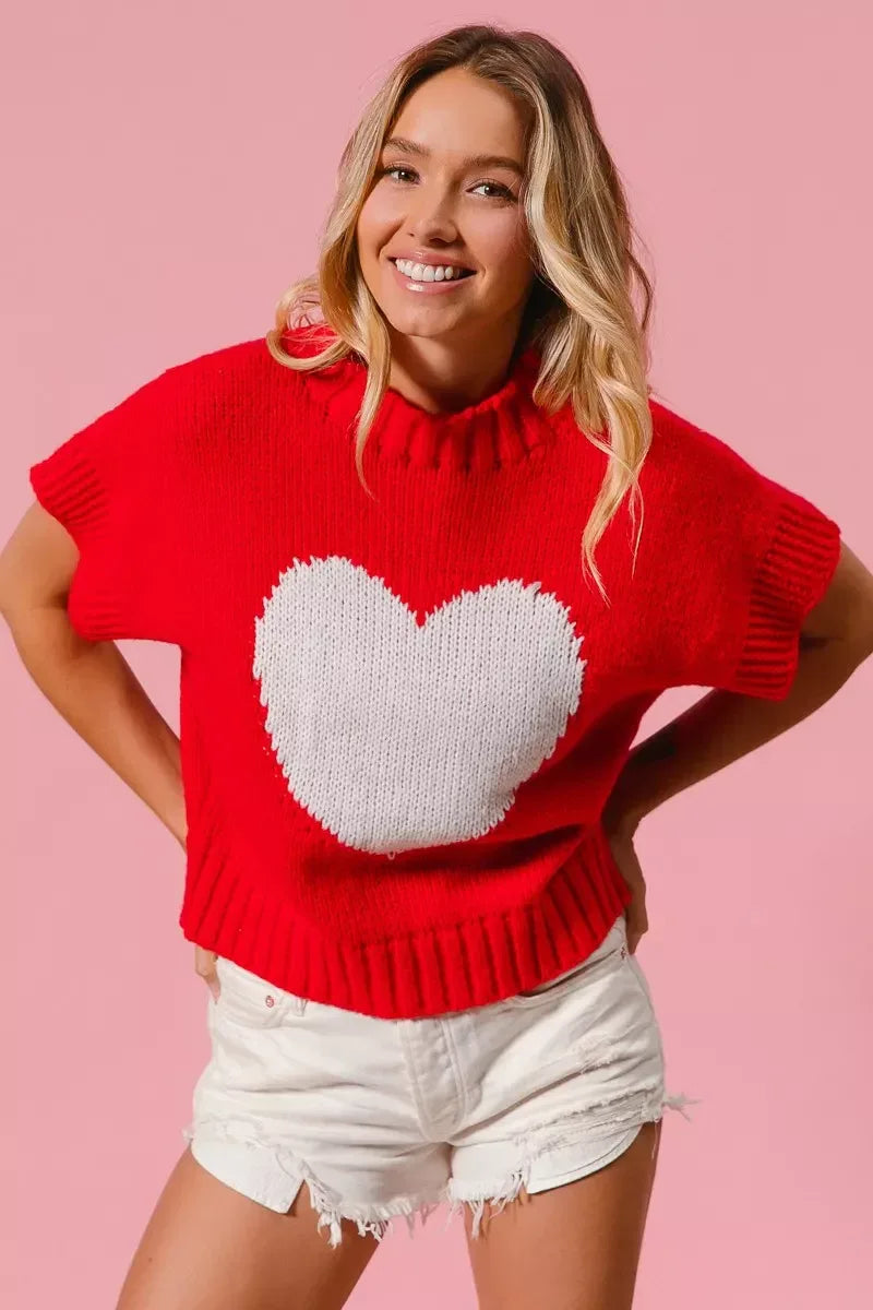 BiBi Rib Banded Heart Pattern Valentines Sweater - Trendsi - Flyclothing LLC