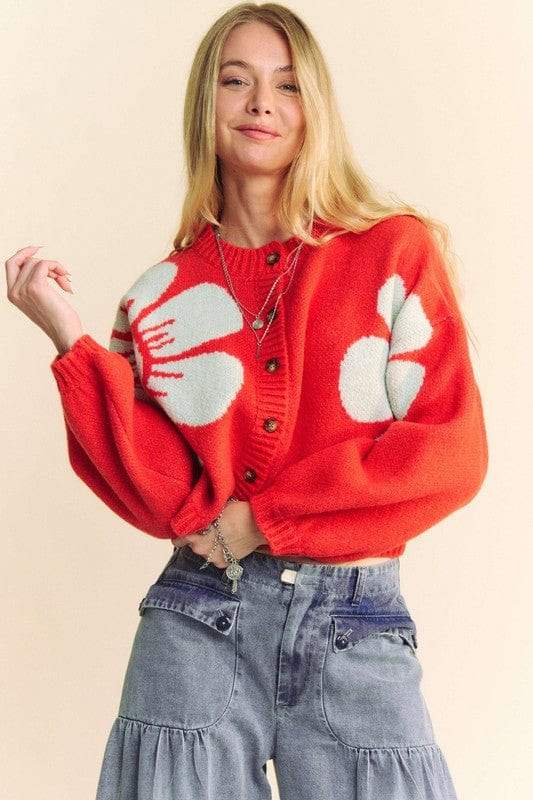 Davi & Dani Flower Contrast Round Neck Long Sleeve Cardigan - Trendsi - Flyclothing LLC