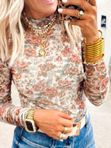 Floral Print Mesh Long Sleeve Top - Trendsi - Flyclothing LLC