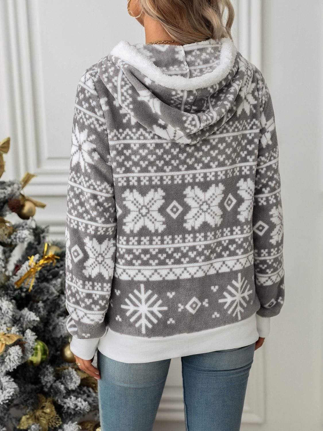 Drawstring Snowflake Zip Up Hooded Outerwear - Trendsi - Flyclothing LLC