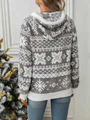 Drawstring Snowflake Zip Up Hooded Outerwear - Trendsi