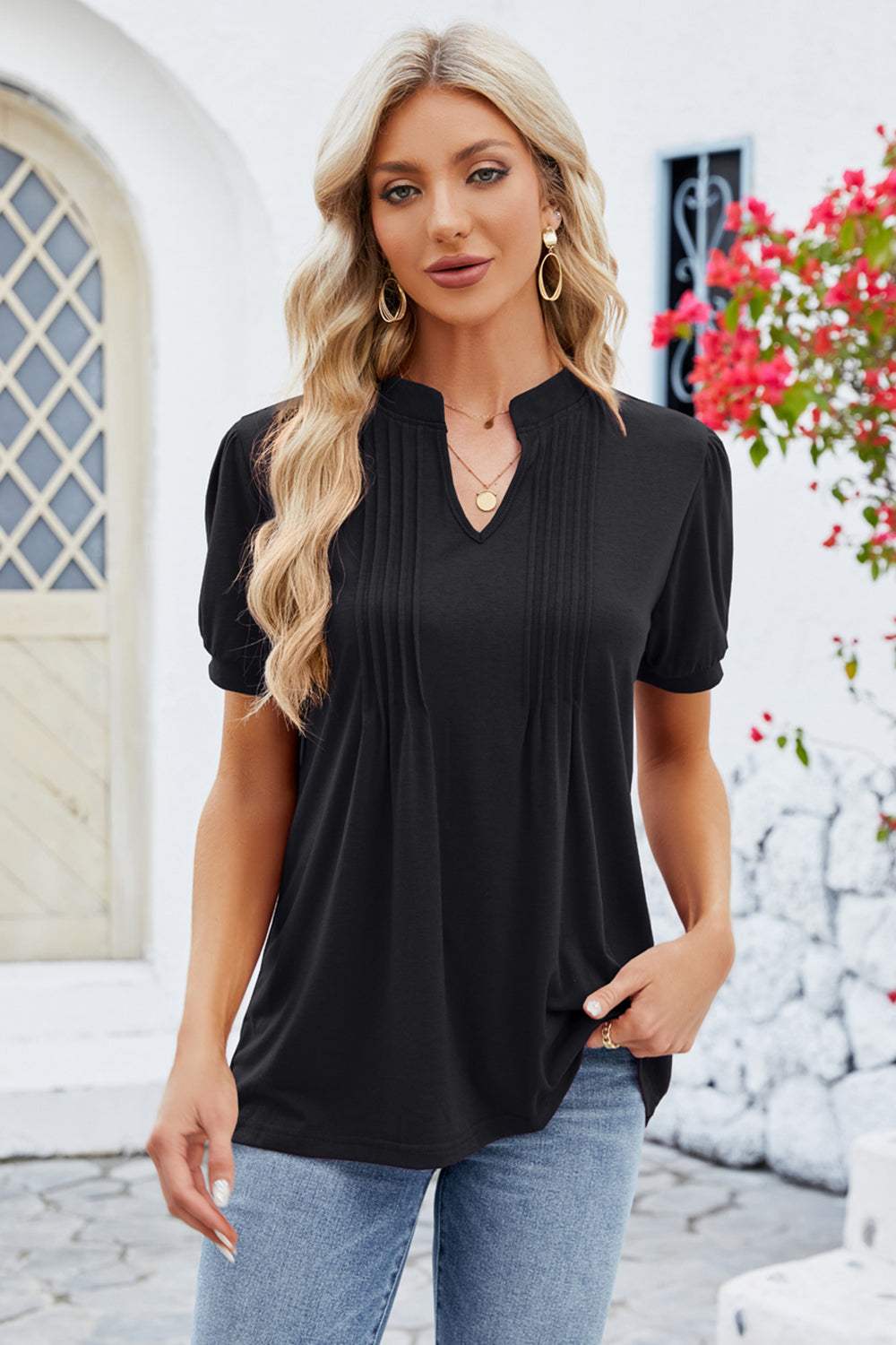 Notched Short Sleeve T-Shirt - Trendsi - Flyclothing LLC