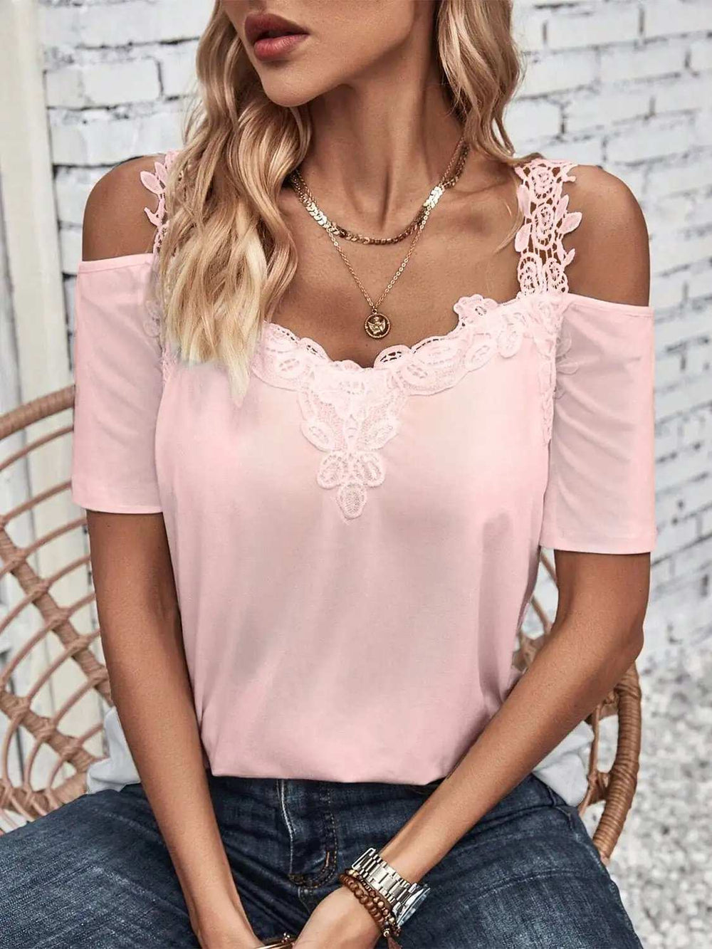 Full Size Lace Detail Short Sleeve T-Shirt - Trendsi - Flyclothing LLC