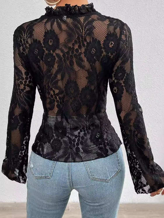 Tied V-Neck Long Sleeve Lace Top - Trendsi - Flyclothing LLC