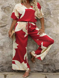 Printed V-Neck Top and Wide Leg Pants Set - Trendsi - Flyclothing LLC