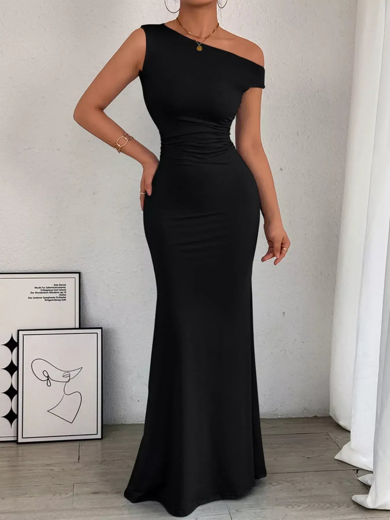 One-Shoulder Ruched Bodycon Maxi Dress - Trendsi - Flyclothing LLC