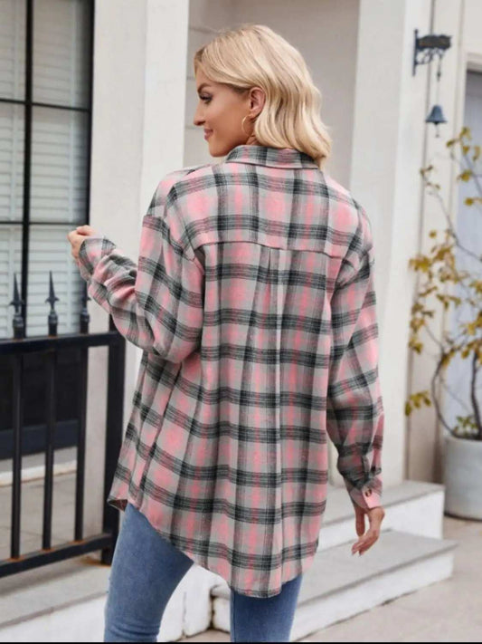 Pocketed Plaid Collared Neck Long Sleeve Shirt - Trendsi - Flyclothing LLC
