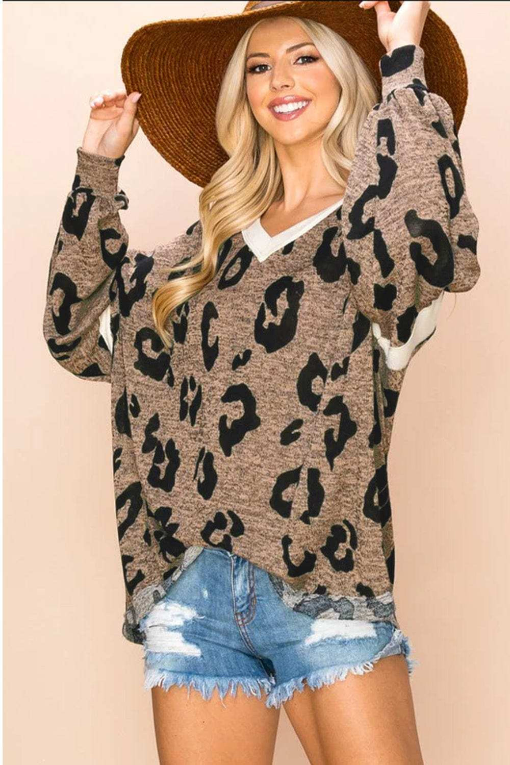 Leopard V-Neck Long Sleeve Blouse - Trendsi - Flyclothing LLC