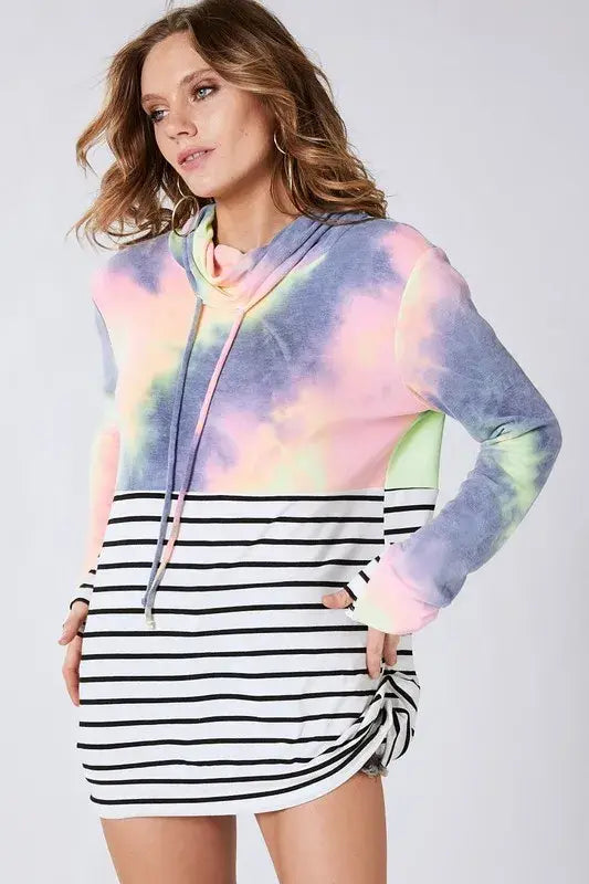 BiBi Tie Dye French Terry Cowl Neck Top - Trendsi - Flyclothing LLC