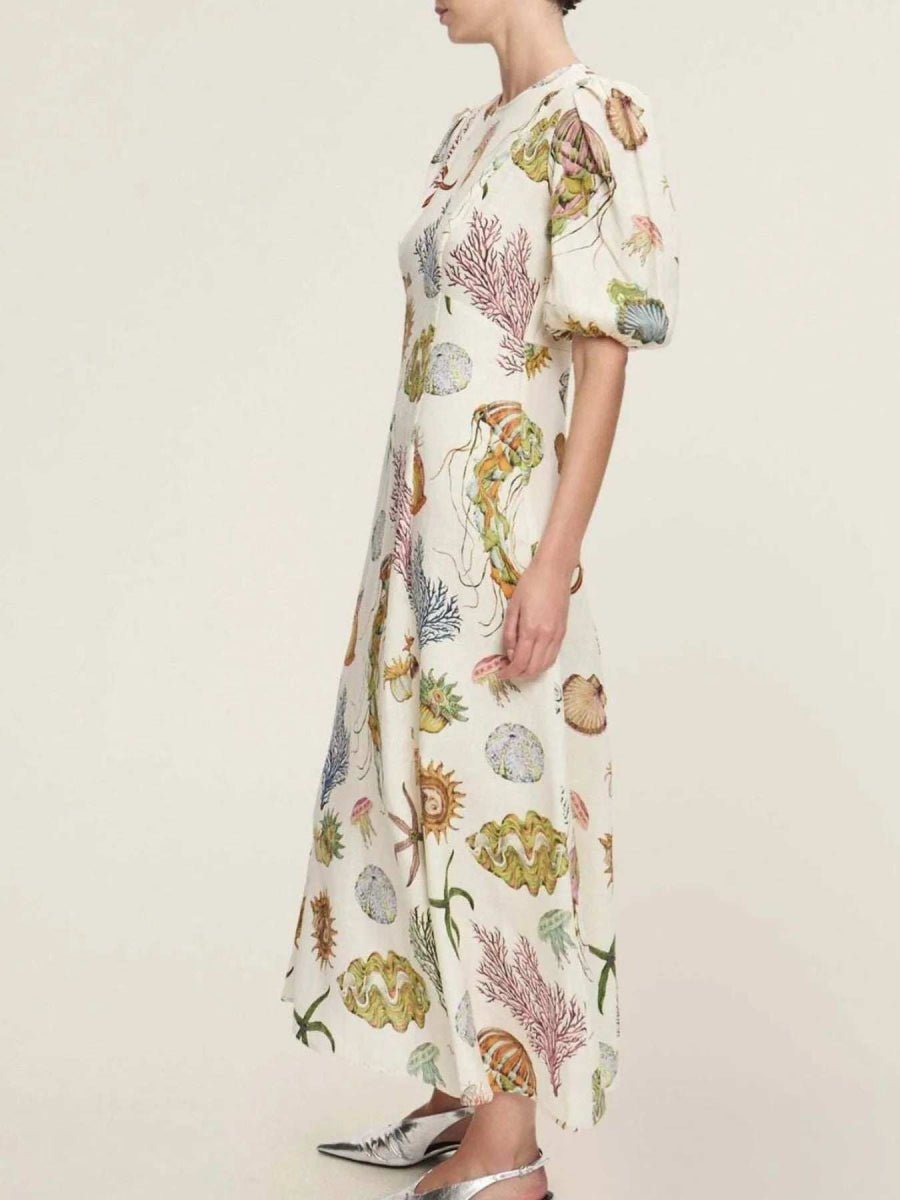 Printed Round Neck Puff Sleeve Dress - Trendsi - Flyclothing LLC