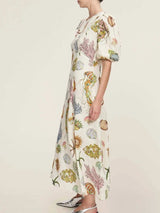 Printed Round Neck Puff Sleeve Dress - Trendsi - Flyclothing LLC