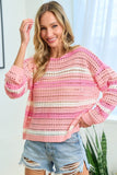First Love Striped Long Sleeve Openwork Knit Top - Trendsi