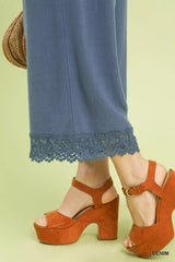 Umgee Linen Wide Leg Cropped Pants with Lace Trim - Trendsi - Flyclothing LLC