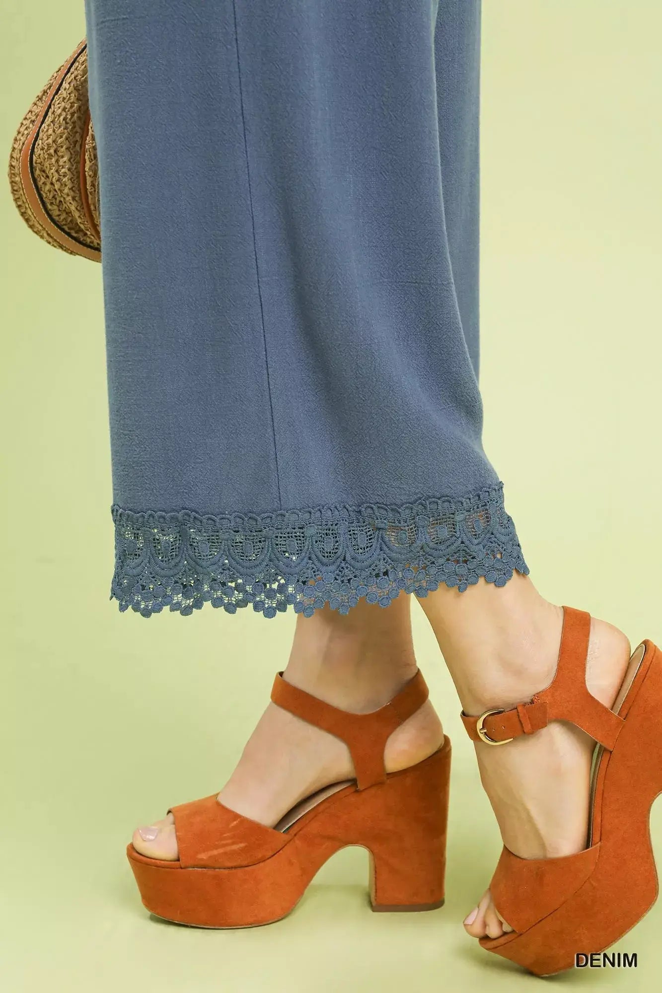 Umgee Linen Wide Leg Cropped Pants with Lace Trim - Trendsi - Flyclothing LLC