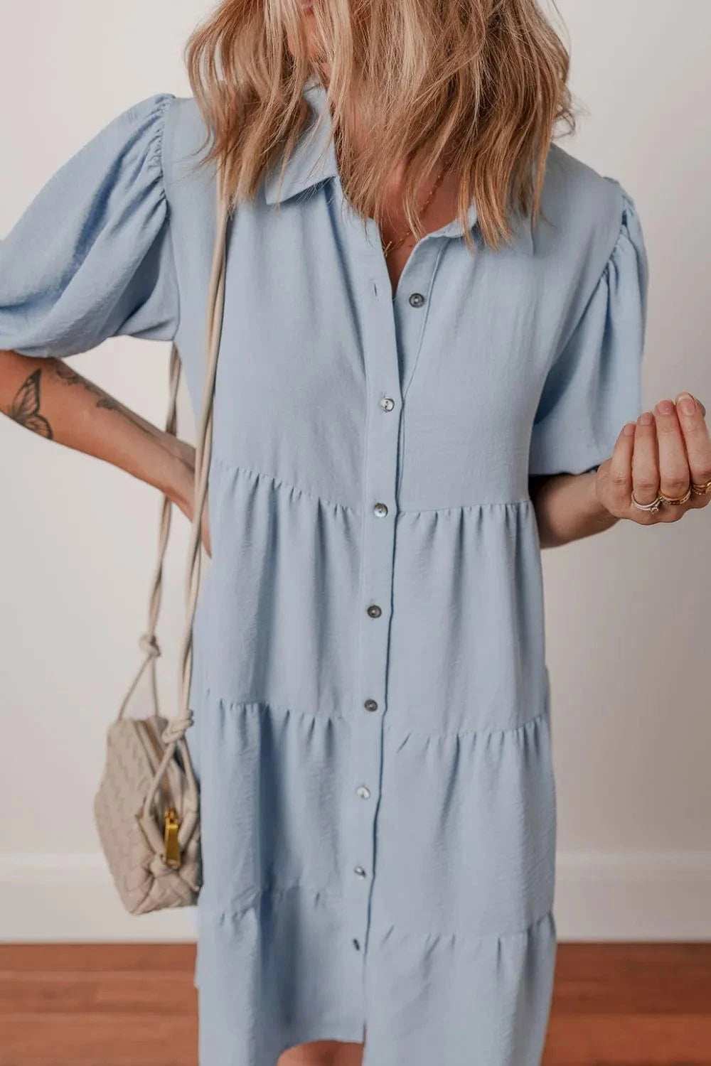 Button Up Puff Sleeve Tiered Shirt Dress - Trendsi - Flyclothing LLC