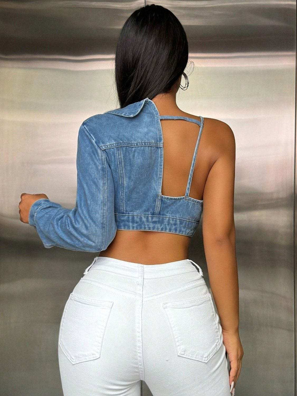 One Shoulder Long Sleeve Cropped Denim Top - Trendsi - Flyclothing LLC