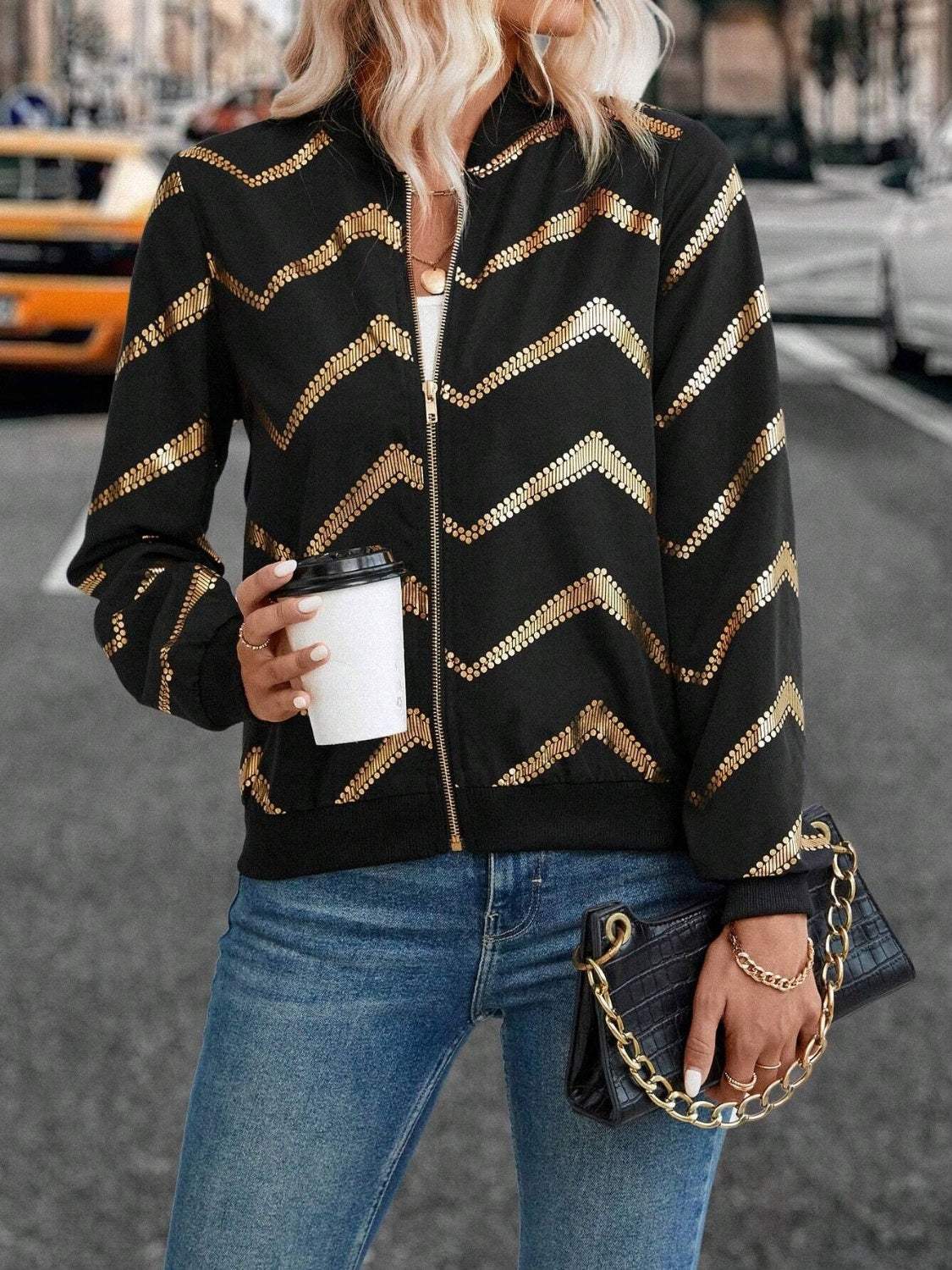 Printed Baseball Collar Zip Up Jacket - Trendsi - Flyclothing LLC