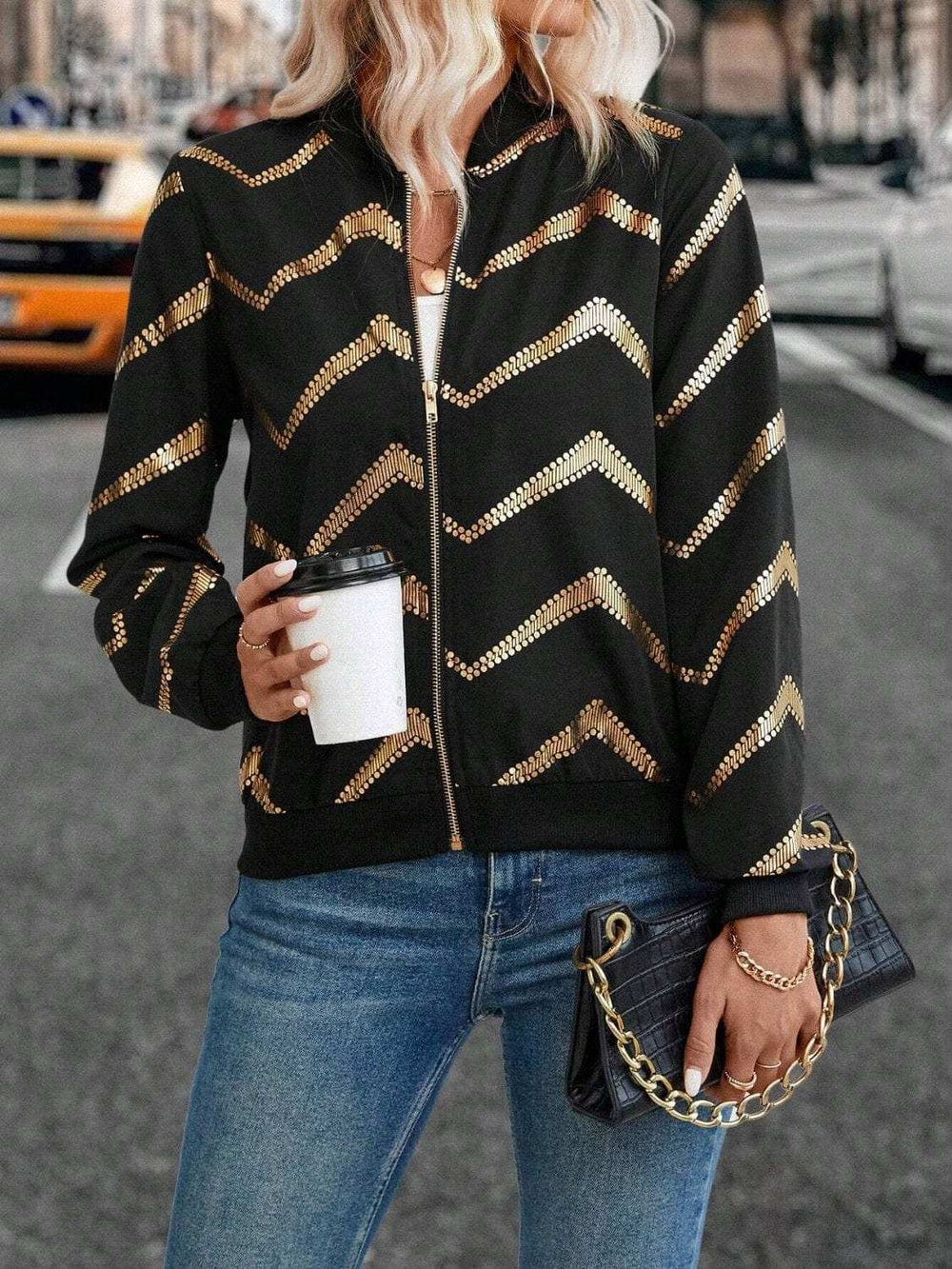 Printed Baseball Collar Zip Up Jacket - Trendsi - Flyclothing LLC