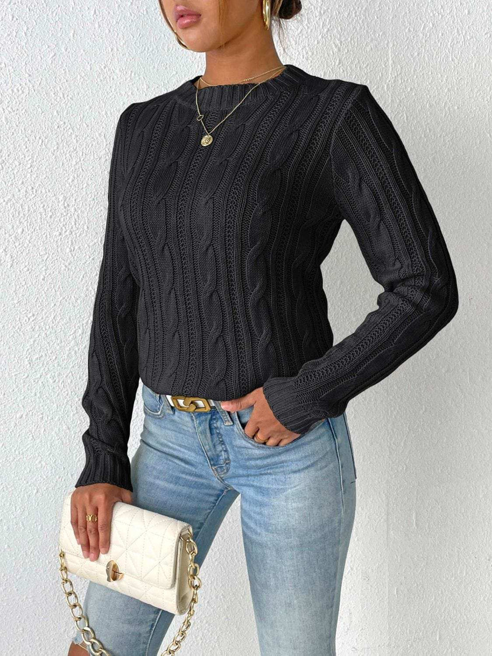 Cable-Knit Round Neck Sweater - Trendsi - Flyclothing LLC