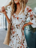 Floral V-Neck Three-Quarter Sleeve Mini Dress - Trendsi