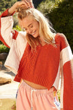 POL Cable Knit Quilting Patch V-Neck Contrast Sweater - Trendsi